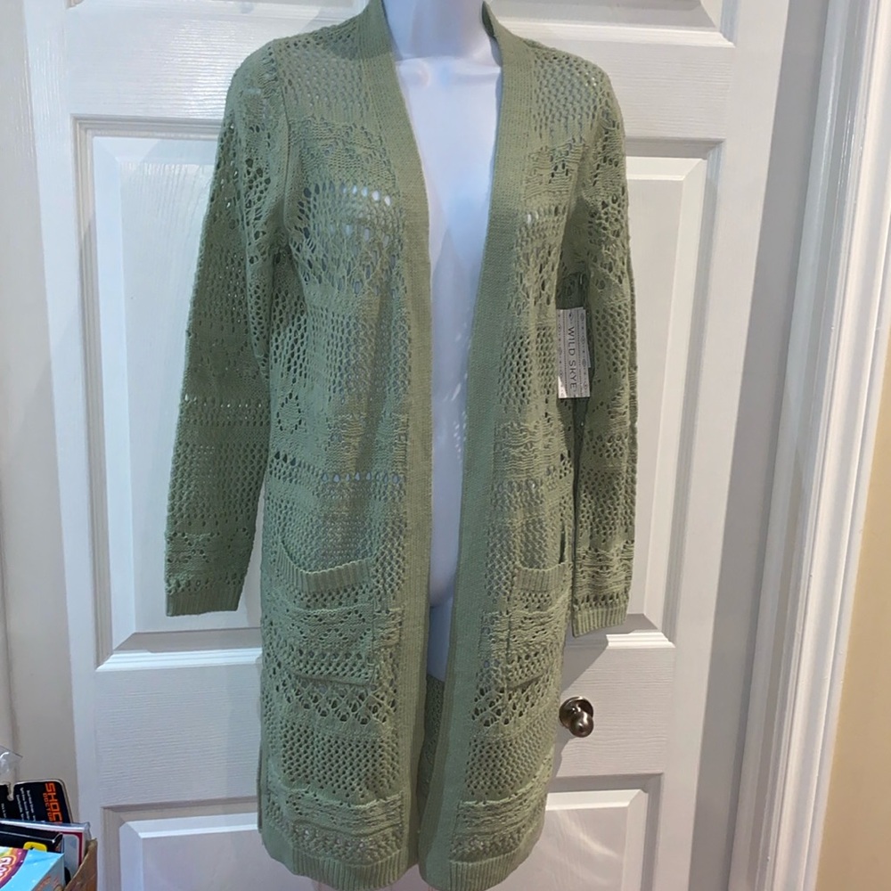 Wild Skye Knee Length Duster Cardigan Sweater Pointelle Knit Fresh Sage Small